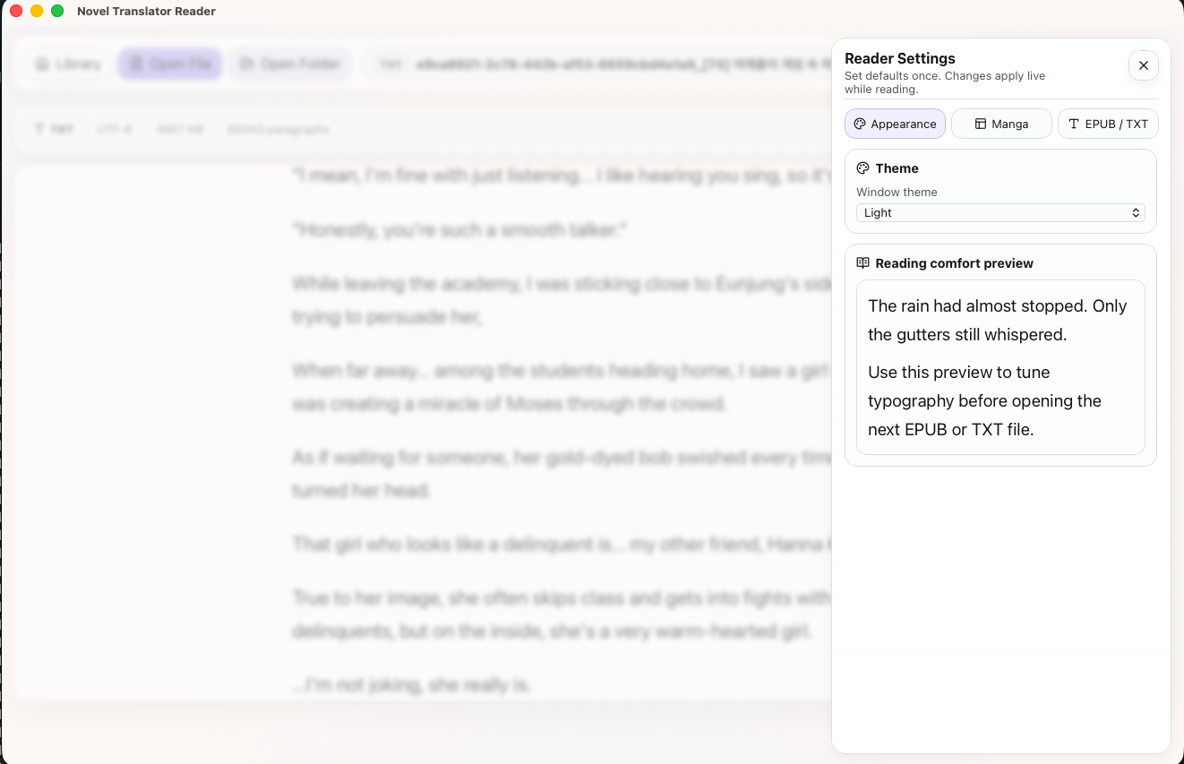 Novel Translator Reader - Settings panel with appearance and typography controls