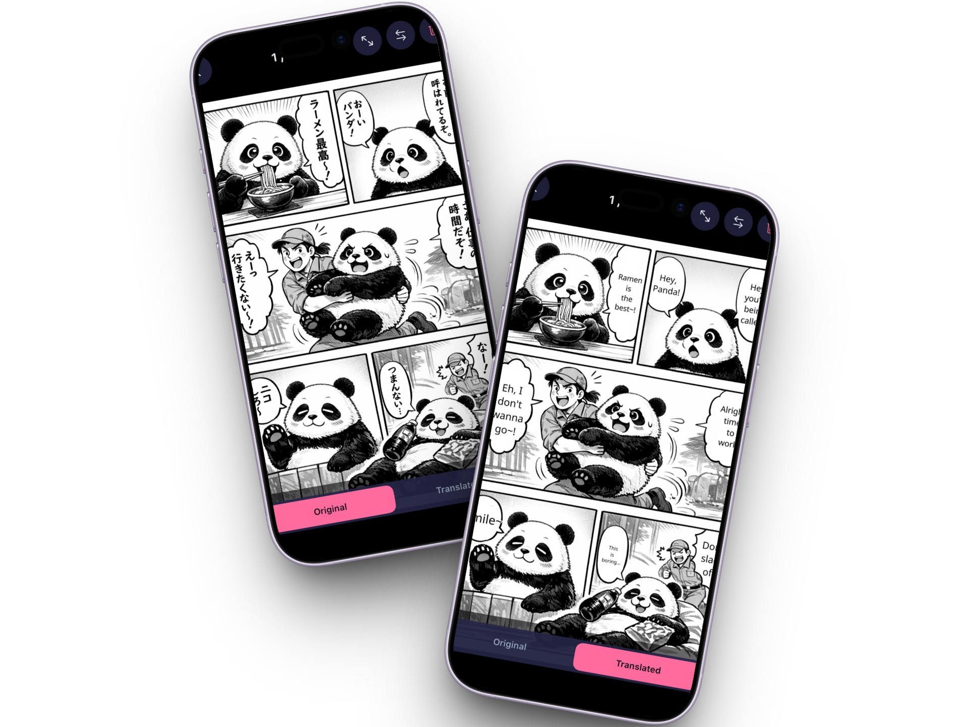 Suki Translate app showing original and translated manga side by side on two iPhones